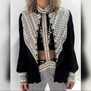 IXIAH Jacket or Shirt Size 4 Black Boho Embroidered Beaded False Impressions
